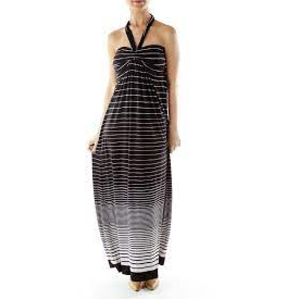 Soma Medium M Black White Striped Halter Neck Maxi Dress Jersey Soft Casual - Picture 13 of 14